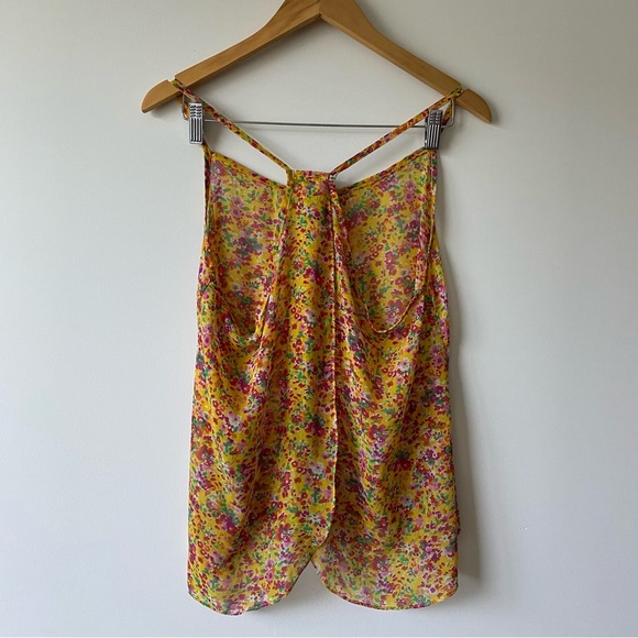 Sakura Boat Neck Open Back Floral Print Sleeveless Top Yellow Size Medium - Picture 2 of 6
